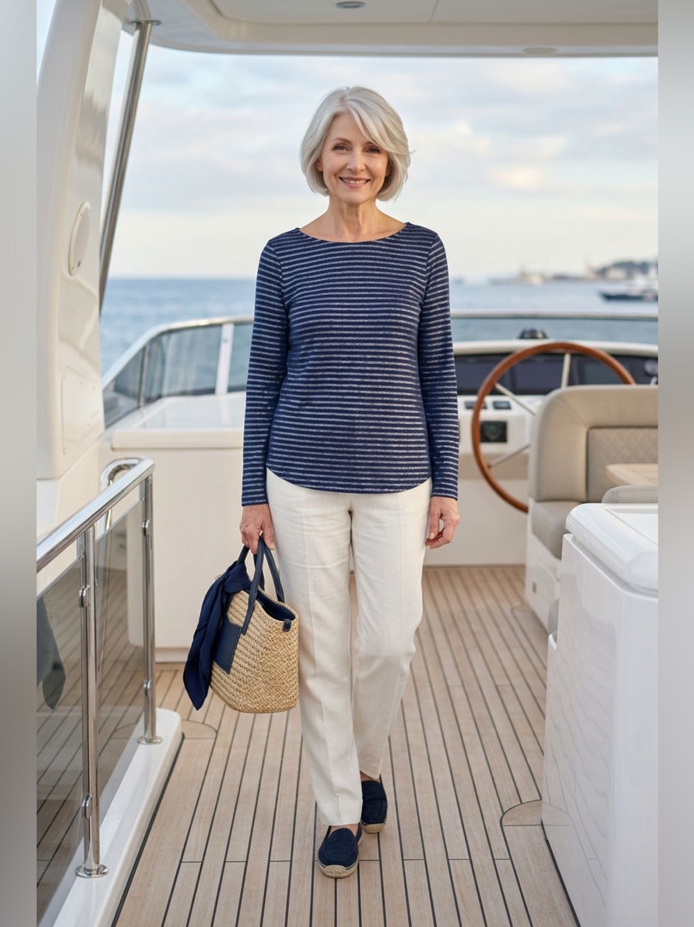 St. John’s Bay women’s long sleeve shirt, navy blue, and silver shimmer stripes